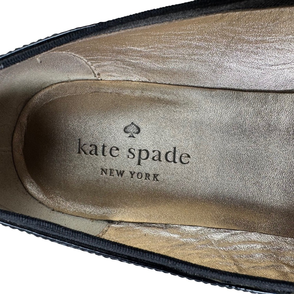 Kate Spade Ballet Flats Womens 8.5M Black Patent Leather Bow Gold Logo Designer - Picture 13 of 15